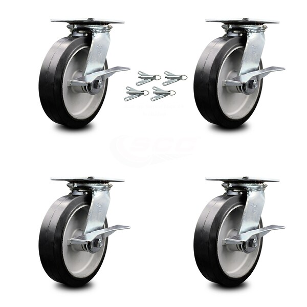 8 Inch Rubber on Aluminum Caster Set with Ball Bearings and Brakes/Swivel Locks